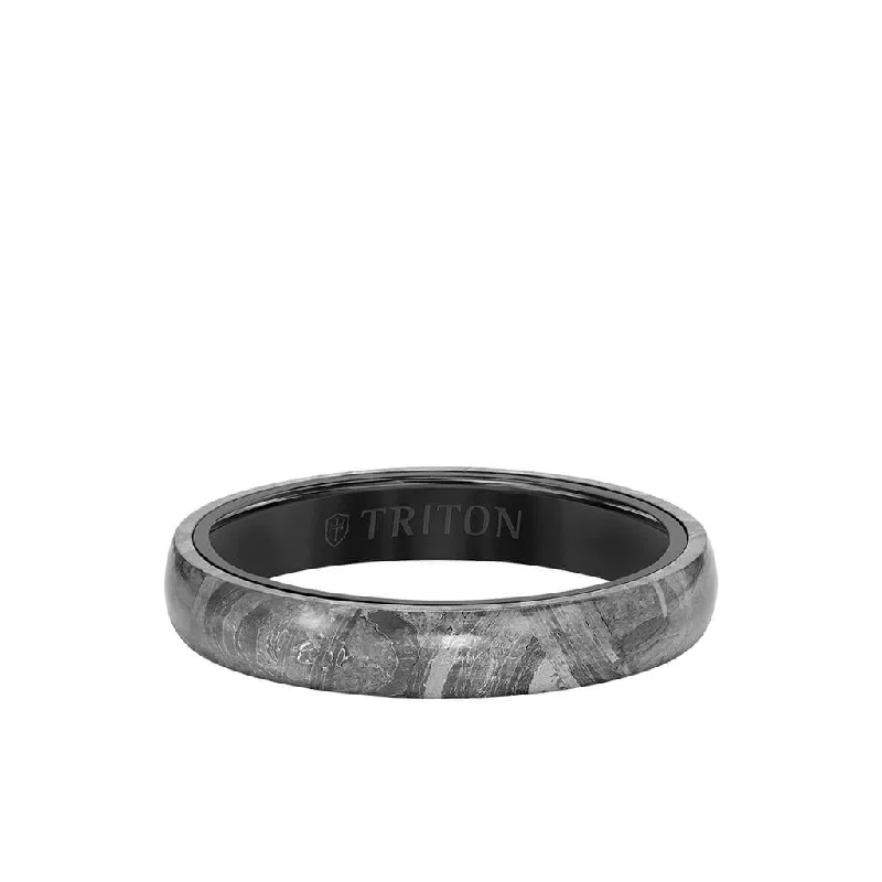 Gemstone Wedding Rings for Men-4MM Black Tungsten Carbide Ring - Meteorite Low Dome with Flat Edge