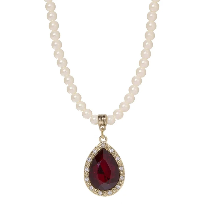 Boutique Necklaces-1928 Jewelry Faux Pearl Strand Red Glass Teardrop Crystal Pendant Necklace 15" + 3" Extender