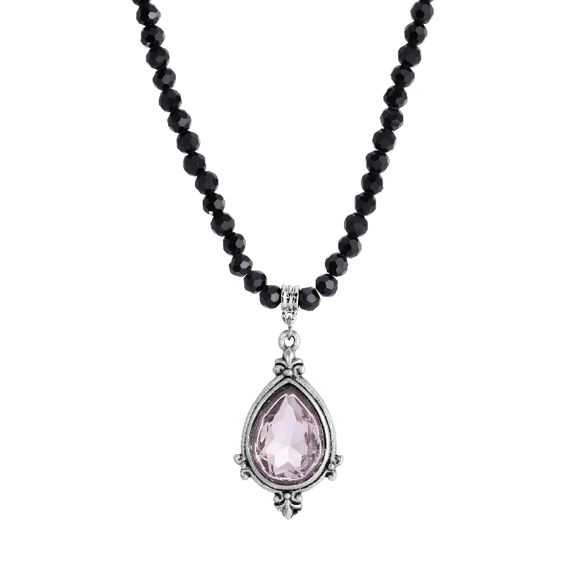 Protective Necklaces-1928 Jewelry Amethyst Pear Shape Pendant & Black Glass Beaded Necklace 18"