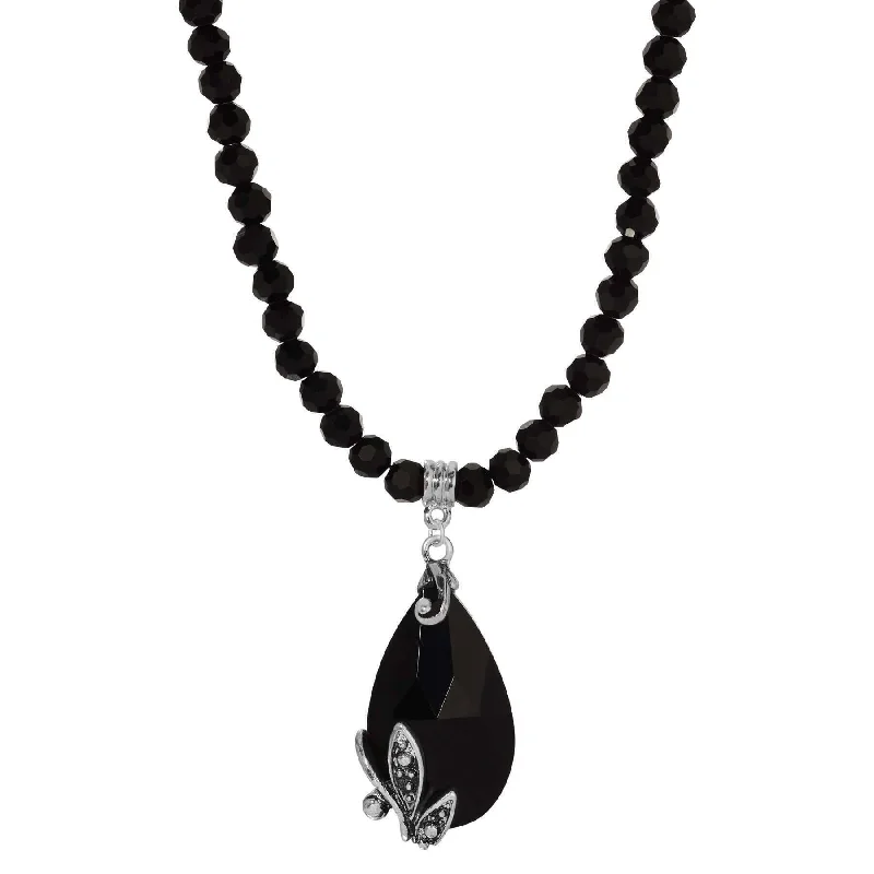 Infinity Heart Necklaces-Regency Regal Jet Black Teardrop Crystal Pendant Glass Bead Strand Necklace 15" + 3" Extender