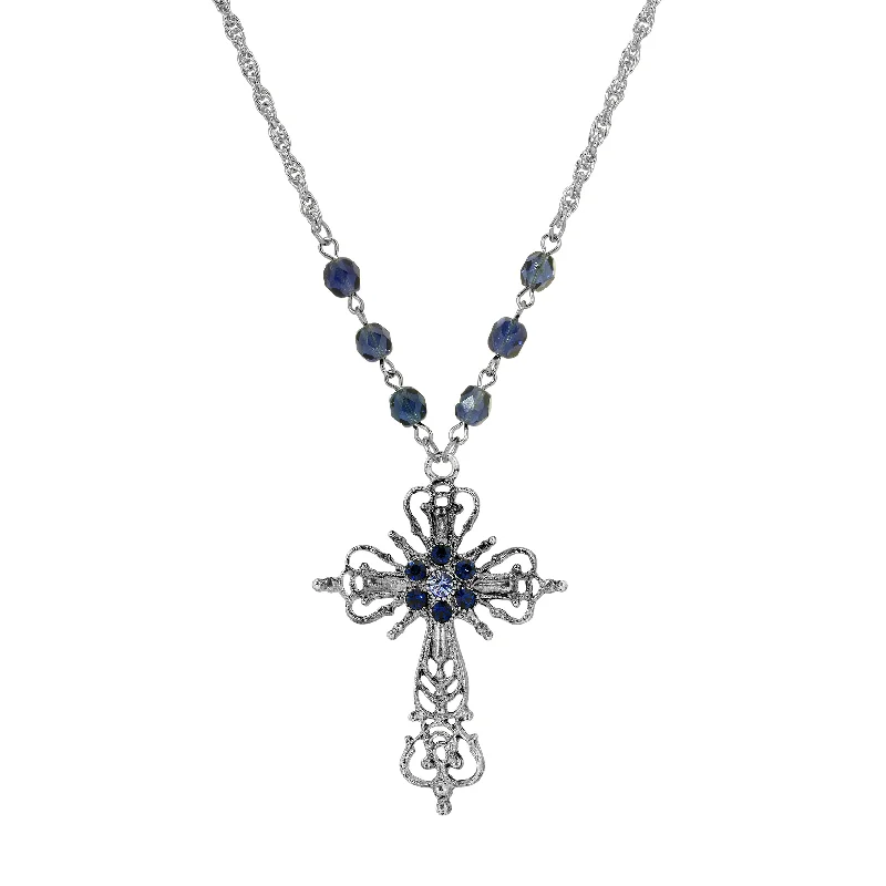 Custom Birthstone Necklaces-Symbols Of Faith Sapphire Blue Crystal Filigree Cross Pendant Necklace 20"