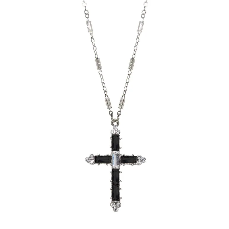 Nameplate Necklaces-Symbols Of Faith Pewter Crystal Cross Pendant Necklace 20"