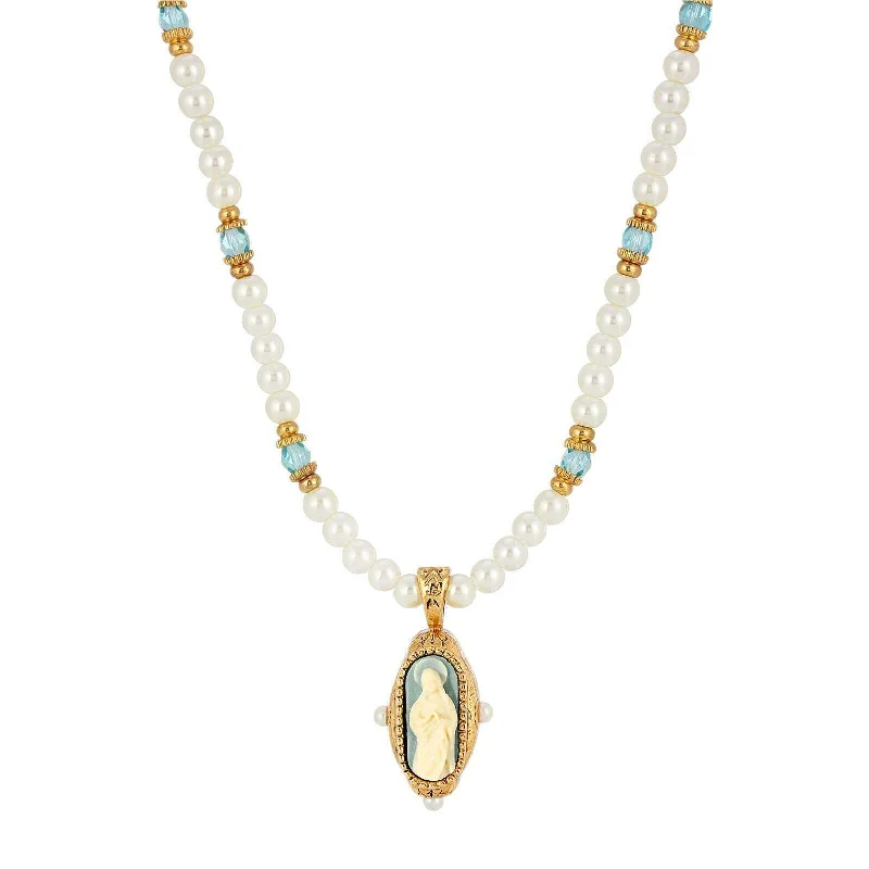 Custom Made Necklaces-Symbols Of Faith Glass Faux Pearl & Aqua Fire Polished Crystal Saint Mary Cameo Pendant Necklace 16"