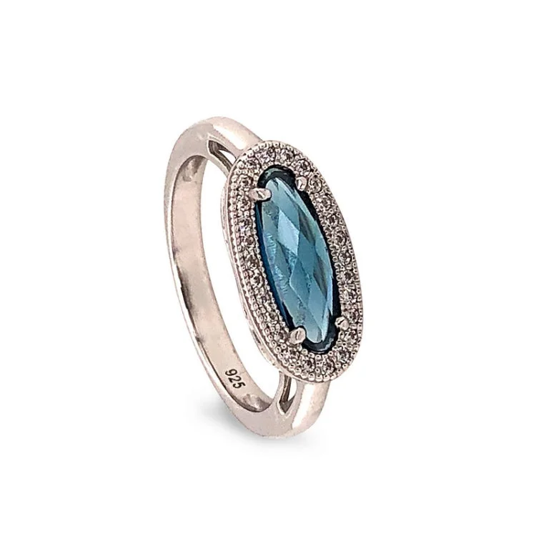 Unique Wedding Rings with Diamonds-Platinum Finish Sterling Silver Micropave Oblong Ring with Simulated London Blue Topaz and Simulated Diamonds