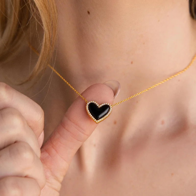 Gold and Silver Drop Earrings-Pave Onyx Puff Heart Necklace