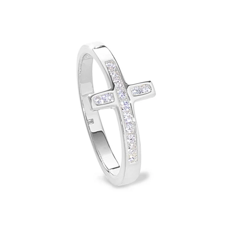 Personalized Promise Rings with Gemstones-Platinum Finish Sterling Silver Micropave Cross Ring with Simulated Diamonds - size 10