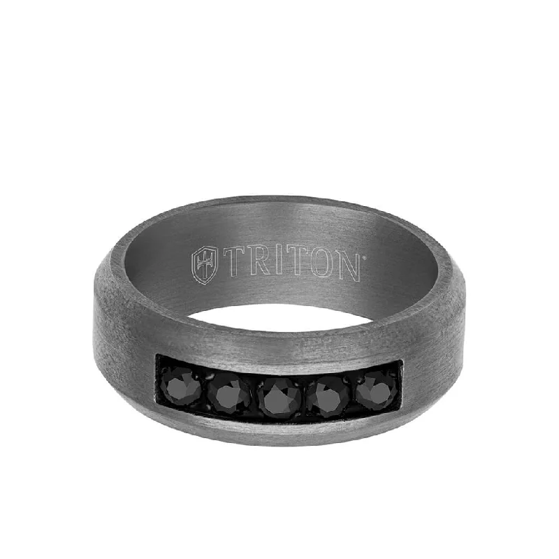 Custom Wedding Band Designs for Men-8MM Tantalum Ring - 5-Stone Black Sapphires and Bevel Edge