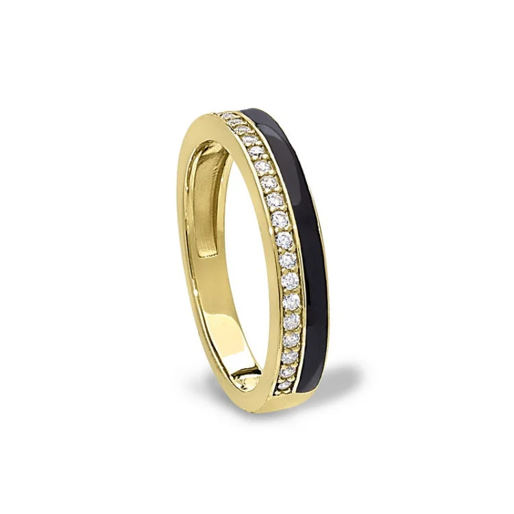 Personalized Wedding Bands for Couples-Gold Vermeil Sterling Silver Micropave Ring with with Black Enamel and Simulated Diamondss