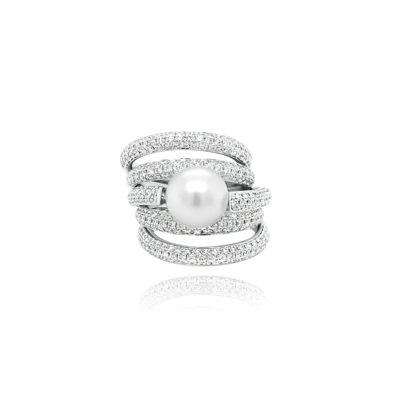 Designer Custom Wedding Ring Sets-Pave set Brilliant cut Diamonds & Pearl "Margaret" ring