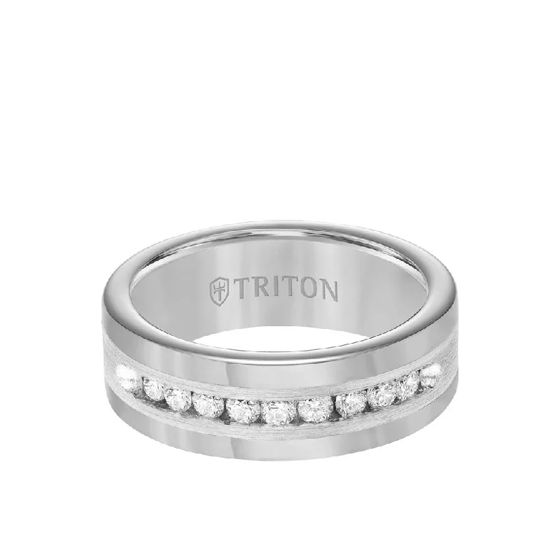 Birthstone Engagement Ring Sets-8MM Tungsten Diamond Ring - Channel Set Silver Satin Finish Inlay and Round Edge