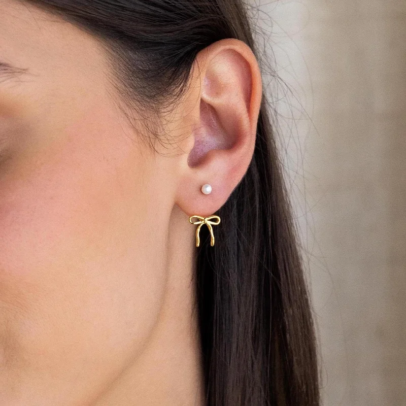 Modern Gold Drop Earrings-Pearl & Bow Ear Jackets