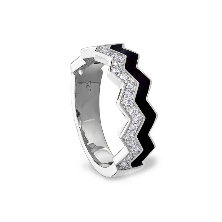 Wedding Rings with Custom Engraving-Platinum Finish Sterling Silver Micropave Ring with with Black Enamel and Simulated Diamondss