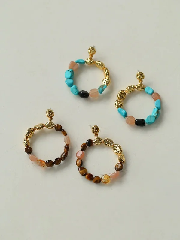 Colored Crystal Hoop Earrings-Tiger's Eye Irregular Metal Earrings Turquoise Earrings