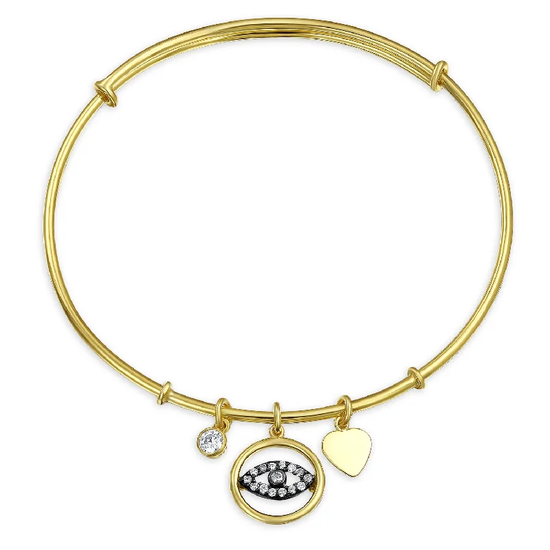 Custom Silver Charm Bracelets for Weddings-Evil Eye Heart Charm Bangle Bracelet CZ Gold Plated Sterling Silver