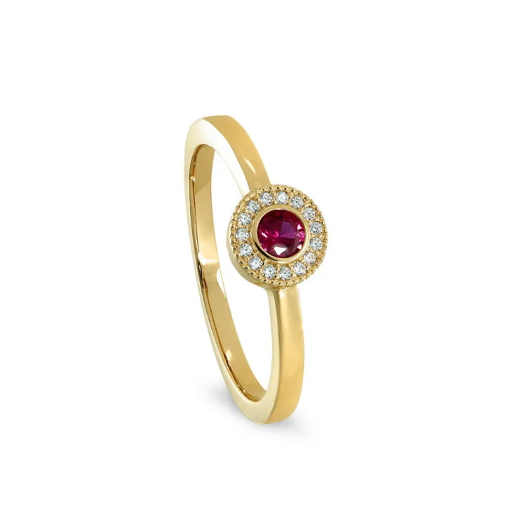 Unique Vintage Rings-Gold Finish Sterling Silver Micropave Round Simulated Ruby Ring with Simulated Diamonds Size 9