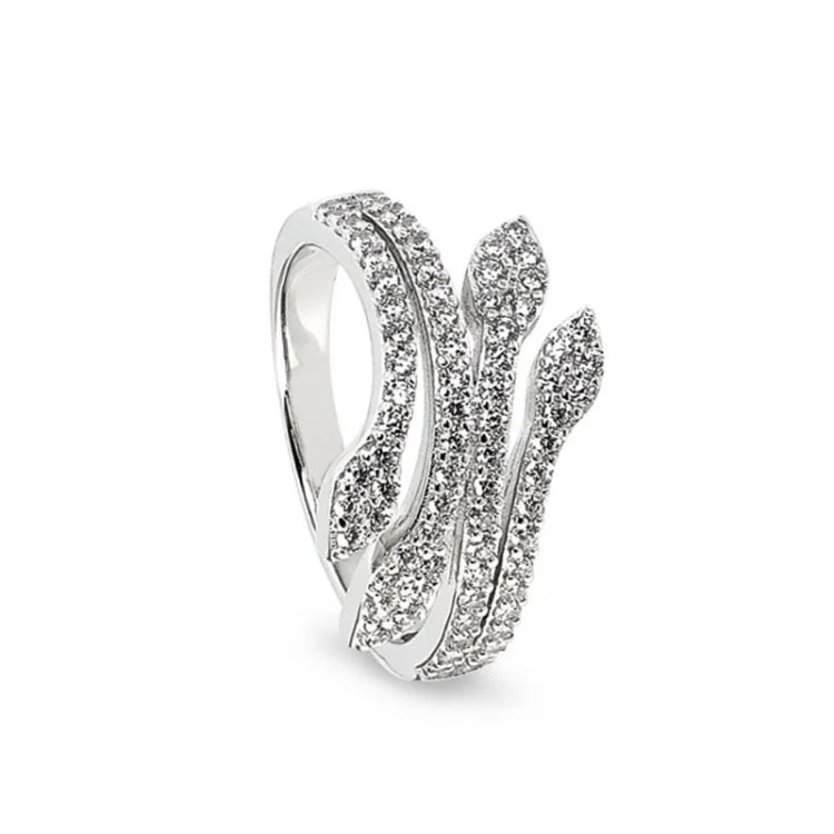 High-Quality Diamond Wedding Bands-Platinum Finish Sterling Silver Micropave Leaf Ring with Simulated Diamonds