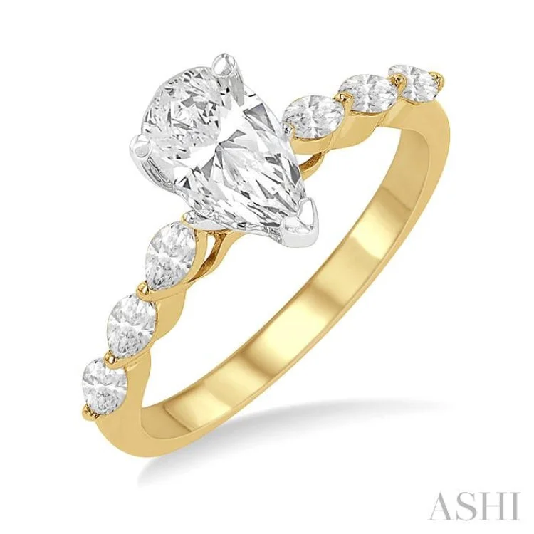 Fashionable Engagement Ring Designs-3/8 ctw Pear Shape Marquise & Round Cut Diamond Semi-Mount Engagement Ring in 14K Yellow and White Gold