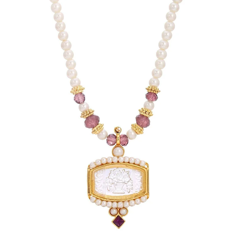 Spiritual Healing Necklaces-1928 Jewelry Faux Pearl Strand Etched Flower Bouquet Glass Intaglio Purple Crystal Pendant Necklace 15" + 3" Extender