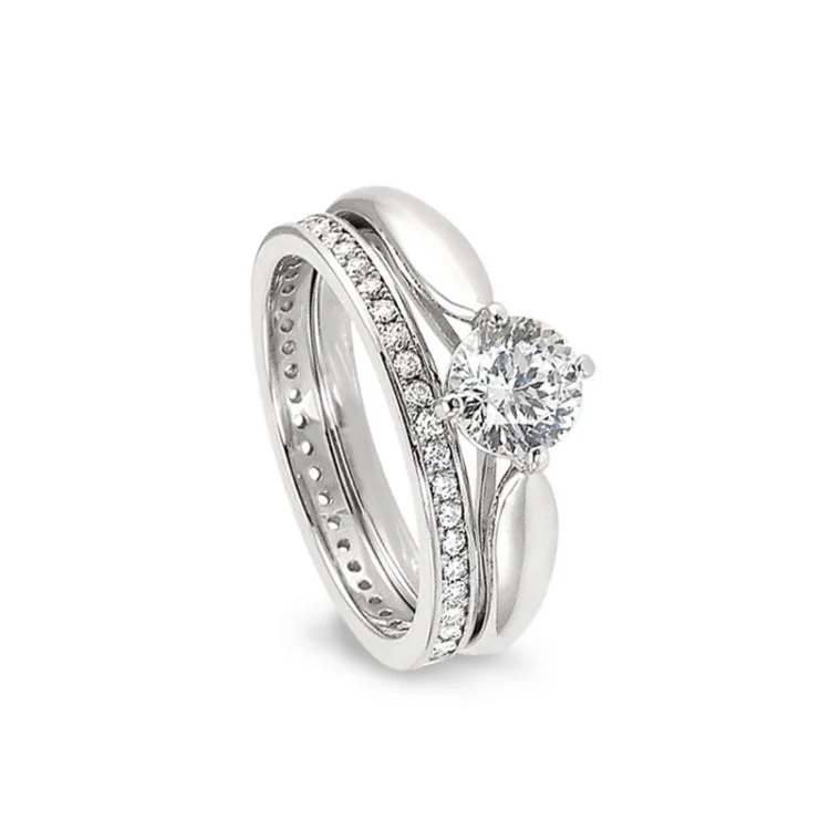 Affordable Promise Wedding Rings-Platinum Finish Sterling Silver Micropave Solitaire Wedding Ring Set with 100 Facet Simulated Daimond