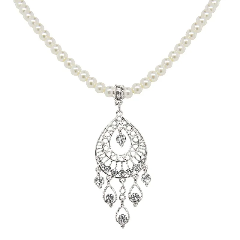 Trendy Fashion Necklaces-1928 Bridal Crystal Filigree Drop On 6mm Faux Pearl Strand Pendant Necklace 15"