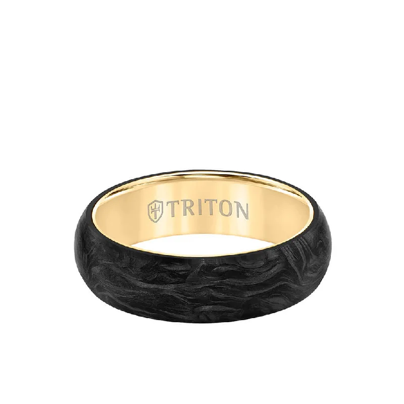 Men’s Custom Promise Wedding Rings-6MM 14K Gold Ring + Forged Carbon - Dome Profile with 14K Gold Interior