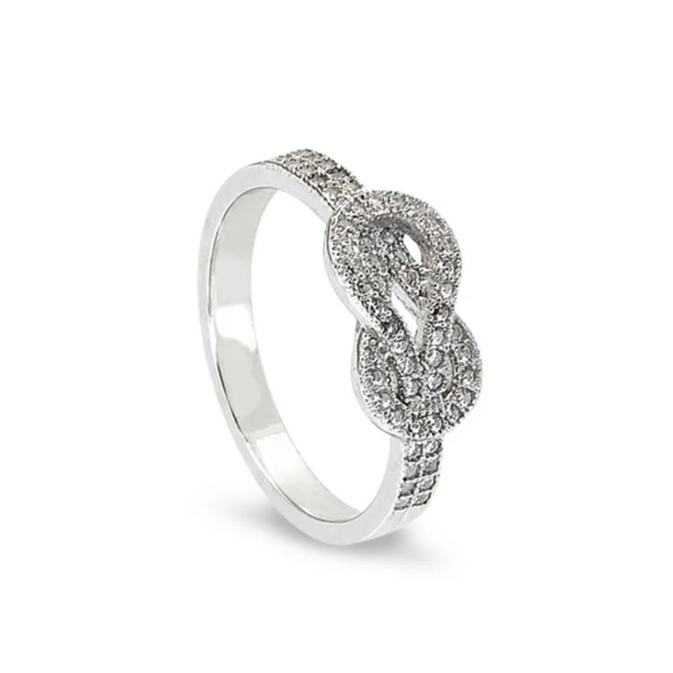 Handmade Promise Wedding Bands-Platinum Finish Sterling Silver Micropave Knot Ring with Simulated Diamonds