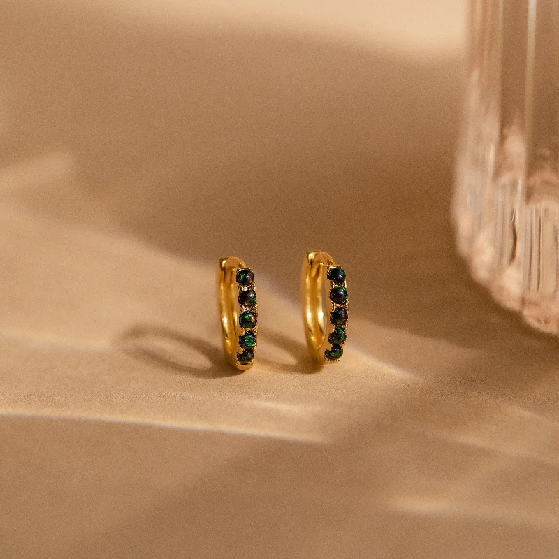 Gold Crystal Earrings-Black Sand Opal Huggies