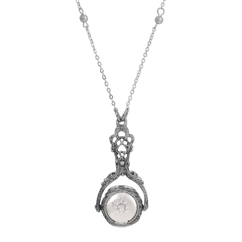 Retro Necklaces-1928 Jewelry Tri-Locket Floral Harmony Rotating Spinner Pendant Faux Pearl Necklace 28"