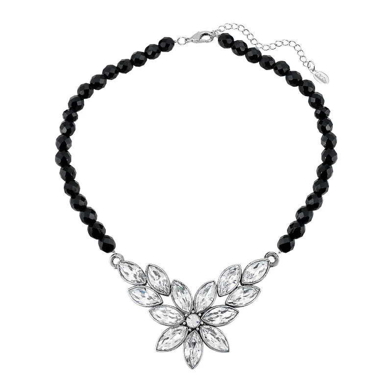 Valentine's Day Necklaces-1928 Jewelry Austrian Crystal Flower & Black Glass Beaded Necklace 15 - 18" Adjustable