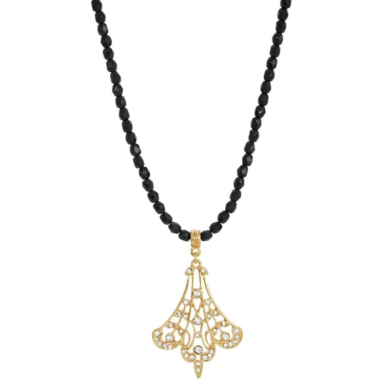 Long Necklaces-1928 Jewelry Minuit Black Glass Strand Bead Gold Filigree Fan & Crystals Pendant Necklace 15" + 3" Extender