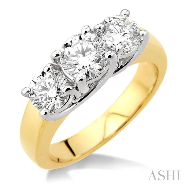 Unique Wedding Ring Sets-2 Ctw Three Stone Round Cut Diamond Ring in 14K Yellow and White Gold