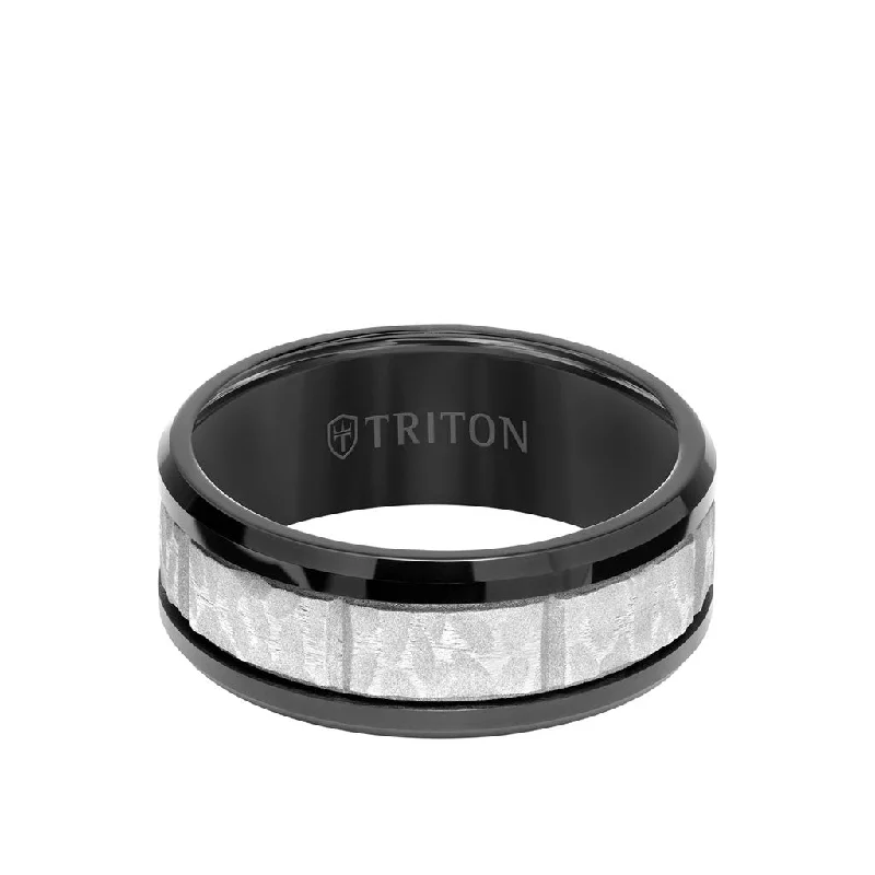 Vintage Custom Wedding Rings-9MM Tungsten Carbide Ring - Grey Sandblasted Distressed Center and Bevel Edge