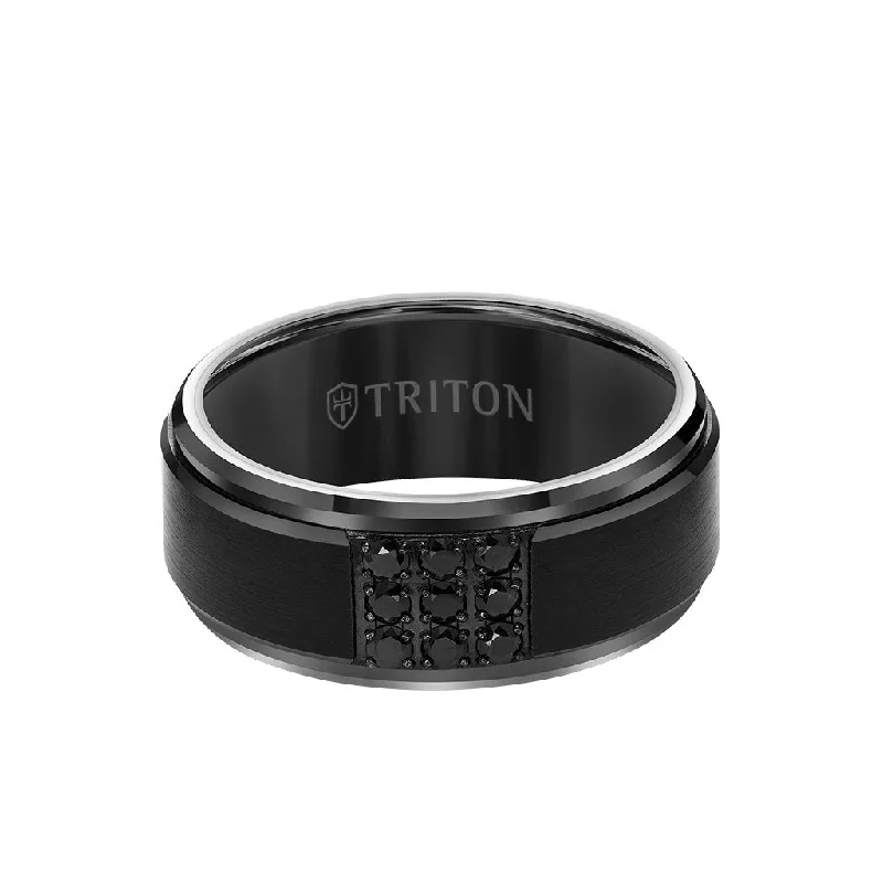 Designer Wedding Rings with Sapphire-9MM Black Tungsten Carbide Ring - Black Sapphires & Step Edge