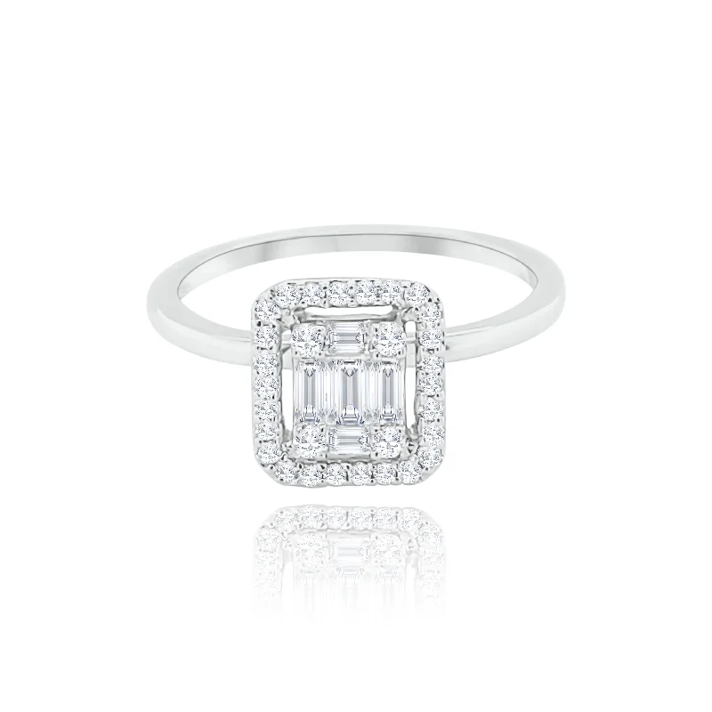 Adjustable Engagement Rings-Halo Emerald cut Style Invisible set Diamonds Ring