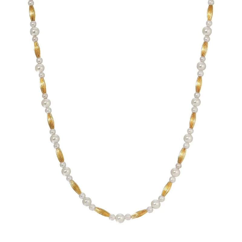 Zodiac Pendant Necklaces-1928 Jewelry Gold Oblong Corrugated Bead Light Grey Faux Pearl Necklace 15" + 3" Extension