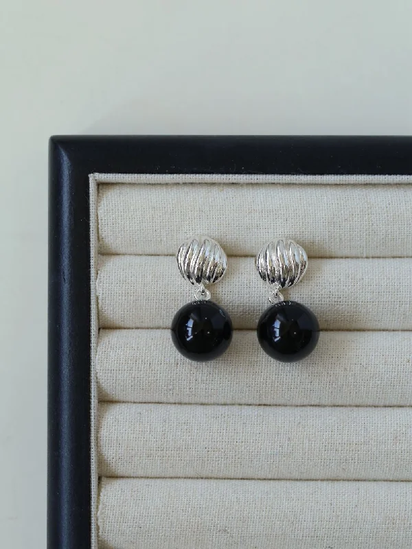 Large Pearl Earrings-Striped Black Agate Drop Earrings