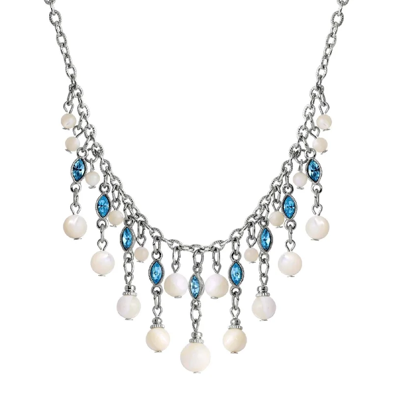 Topaz Necklaces-1928 Jewelry Aquamarine Crystal Mother Of Pearl Bib Necklace 16" + 3" Extender