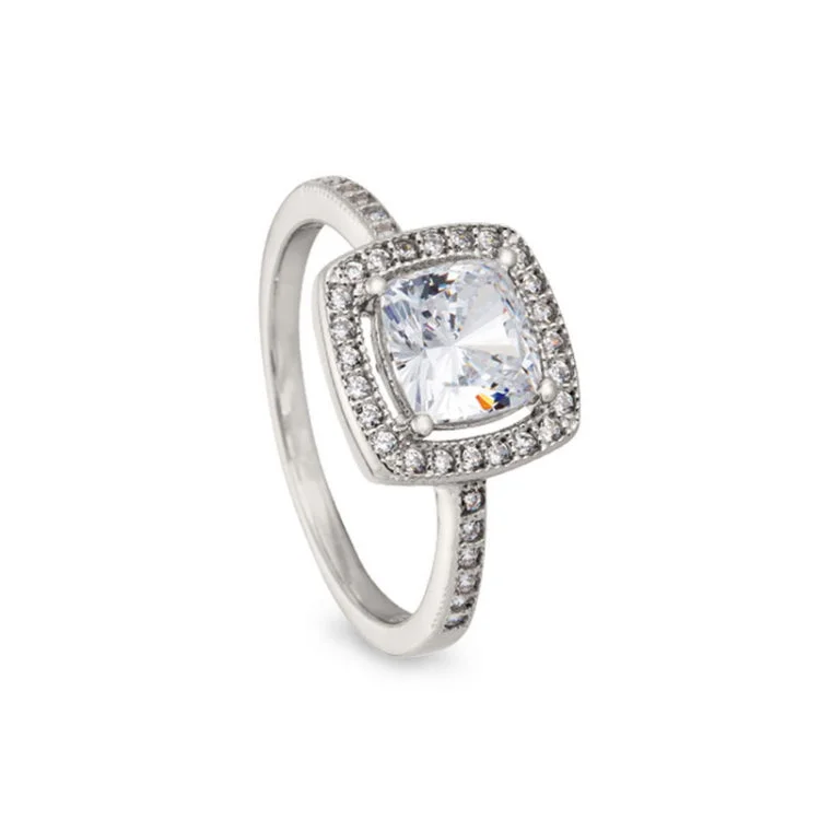 Vintage Custom Wedding Rings-Platinum Finish Sterling Silver Micropave Cushion Cut Ring with 37 Simulated Diamonds