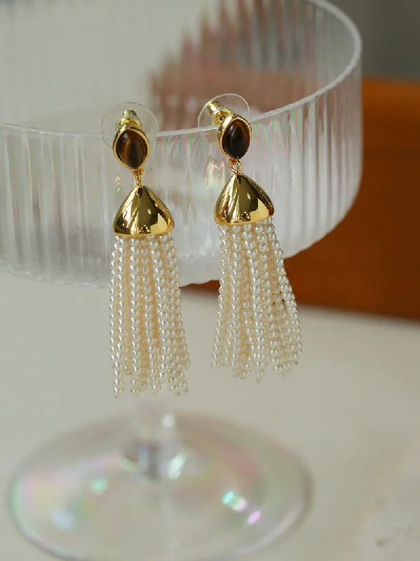 Classic Drop Earrings for Women-Vintage Princess Tassel Pearl Earrings with Marquise Tiger's Eye