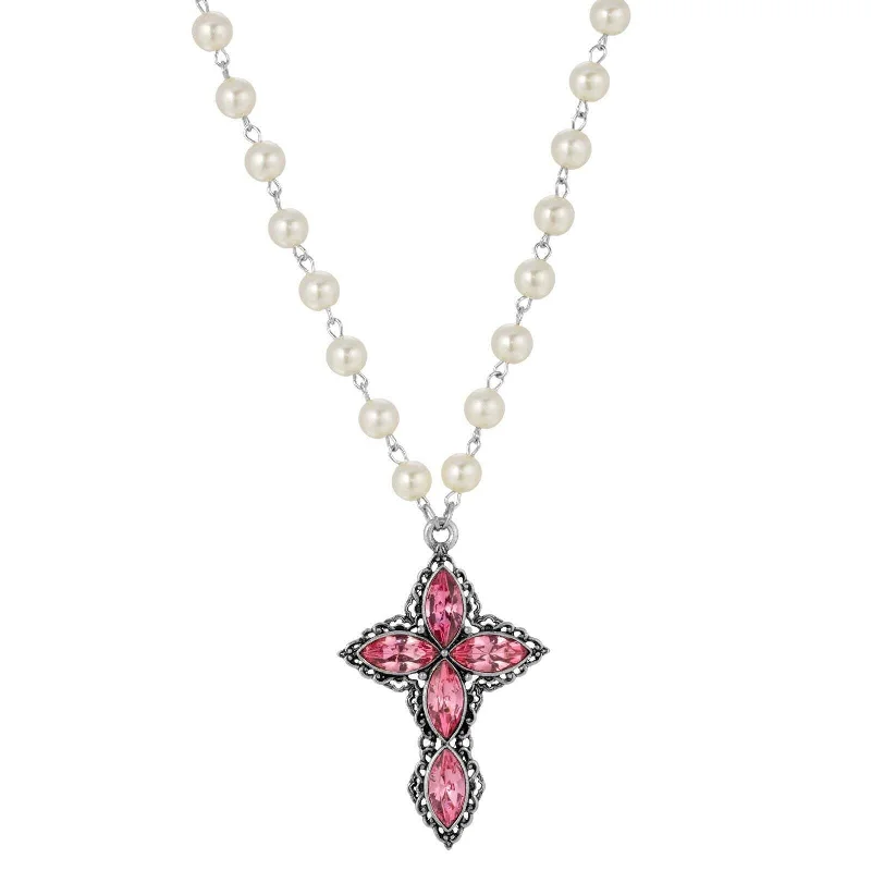 Charm Necklaces-1928 Jewelry Pewter Navette Crystal And 8mm Faux Pearl Cross Pendant Necklace 16" + 3" Extender