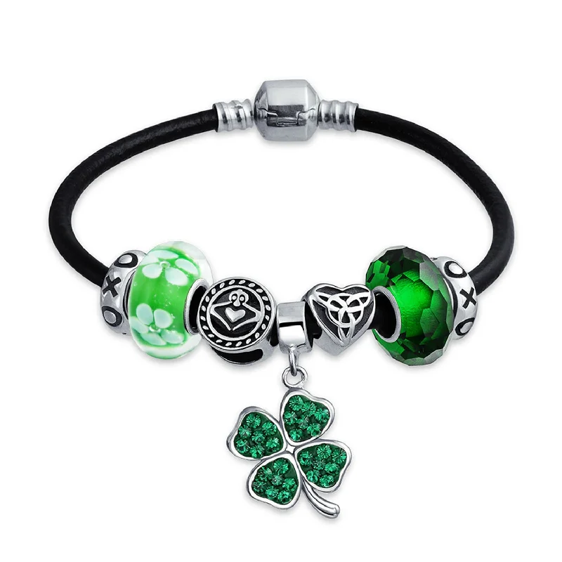 Personalized Tennis Bracelets for Weddings-Celtic Clover Shamrock Claddagh Charm Bracelet Leather Sterling Silver