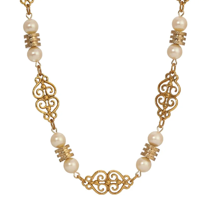 Crystal Necklaces-1928 Jewelry Gold Heart Filigree & Faux Pearl Link Necklace 16" + 3" Extension