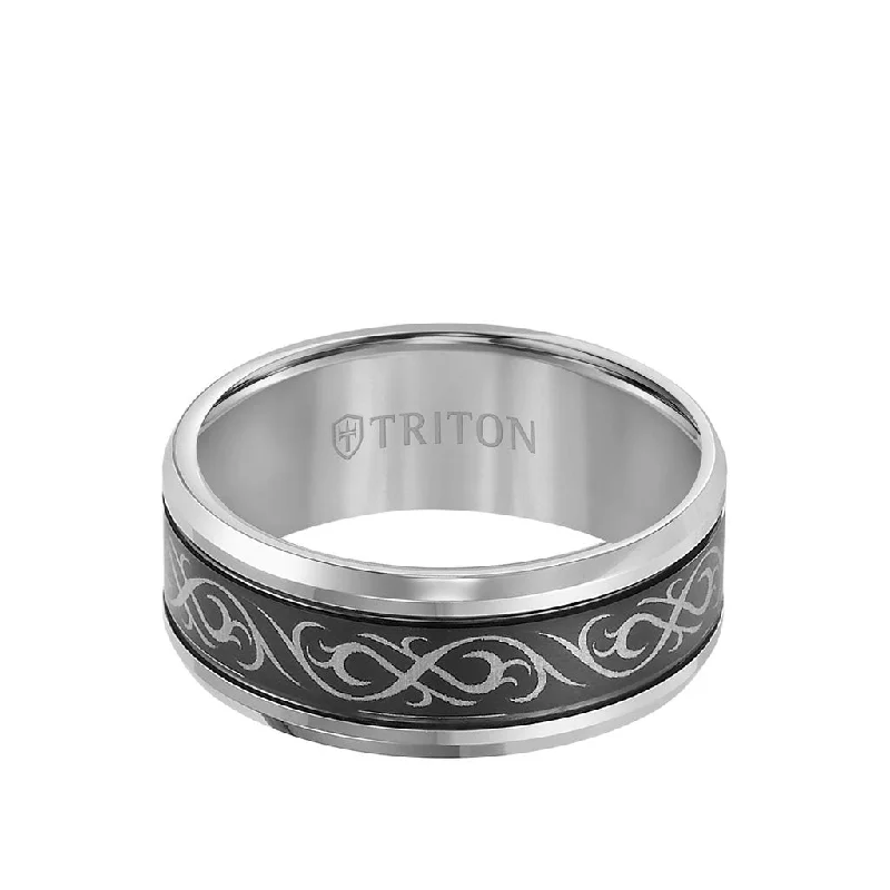 Simple Promise Rings with Personalization-9MM Tungsten Carbide Ring - Laser Cut Center and Round Edge