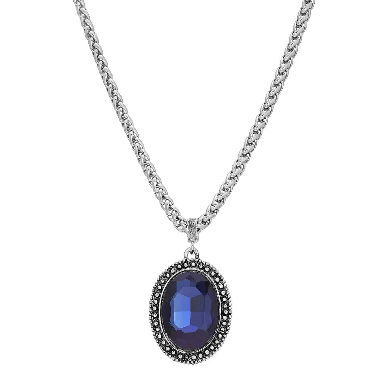 Dog Necklaces-1928 Jewelry Oval Faceted Dark Blue Crystal Pendant Necklace 14" + 3" Extension