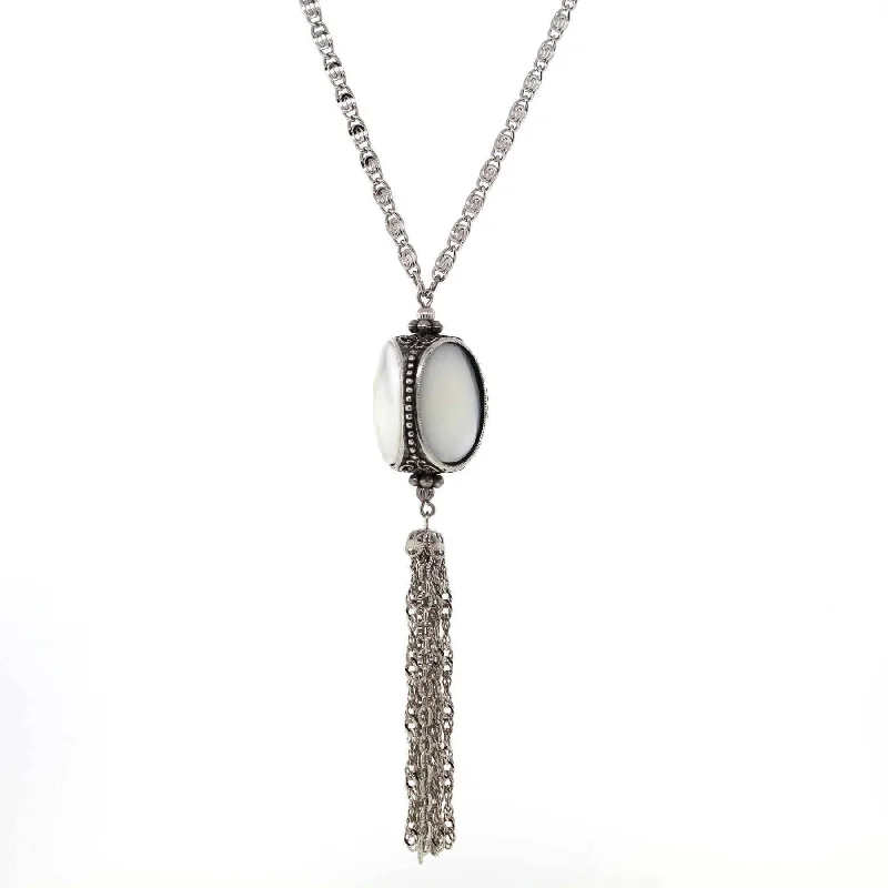 Women's Necklaces-1928 Jewelry Pewter Costume Mother Of Pearl 3 Sided Spinner Tassel Necklace 30"