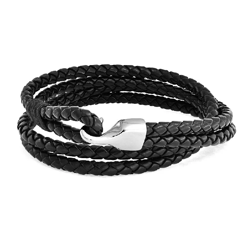 Adjustable Tennis Bracelets for Men-Unisex Black Leather Cuff Bracelet with Stainless Hook Clasp - Double Wrap Design