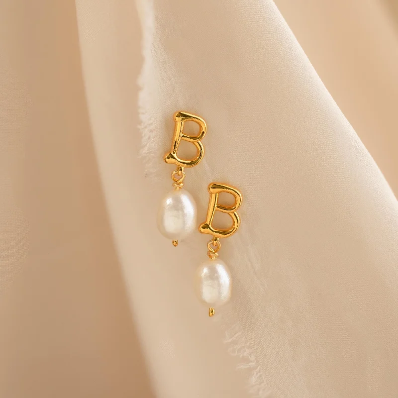 Colorful Gemstone Earrings-Initial Pearl Drop Studs