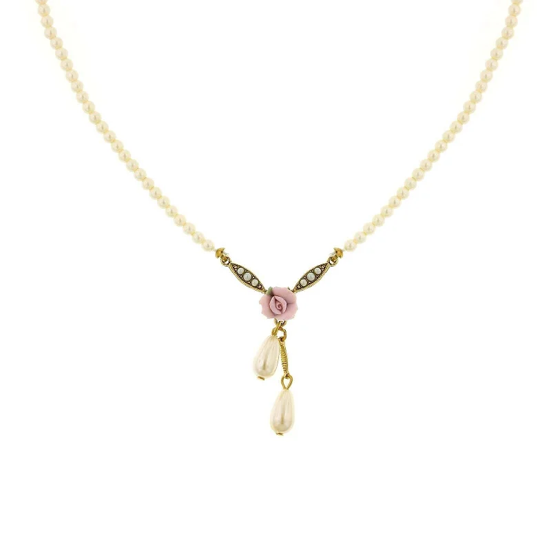 Energy Necklaces-1928 Bridal Porcelain Rose And 3mm Faux Pearl Strand Drop Pendant Necklace 16" + 3" Extender