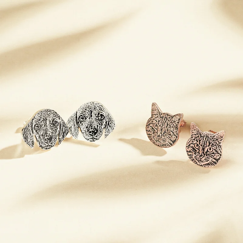 Silver Hoop Earrings for Women-Pet Portrait Studs