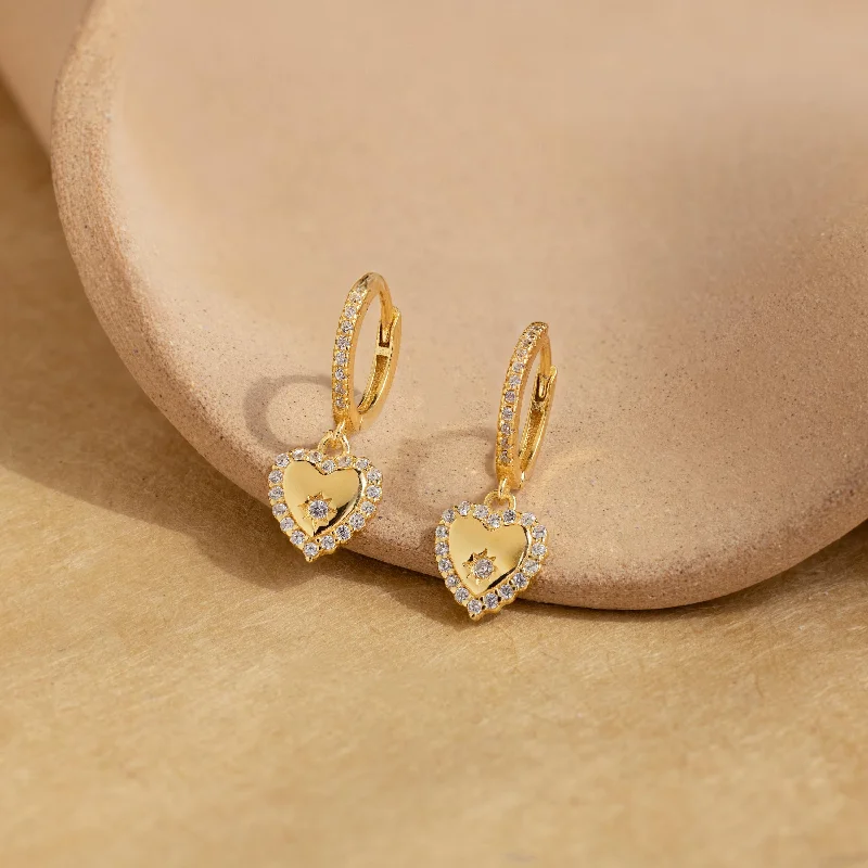 Modern Gemstone Earrings for Women-Pave Heart Drop Huggies